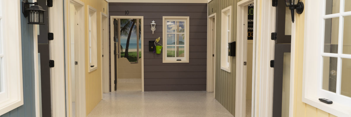 Hallway with luxury boarding rooms at the Bark District.