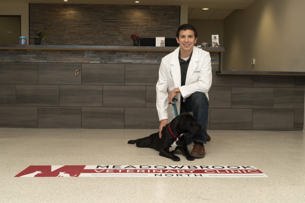 Kevin Collins, DVM on clinic floor with black and white dog.