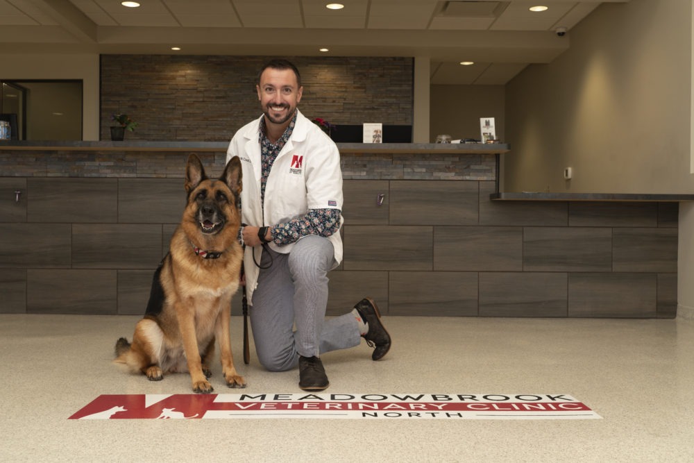 Chris Couri, DVM with German Shepherd on clinic floor.