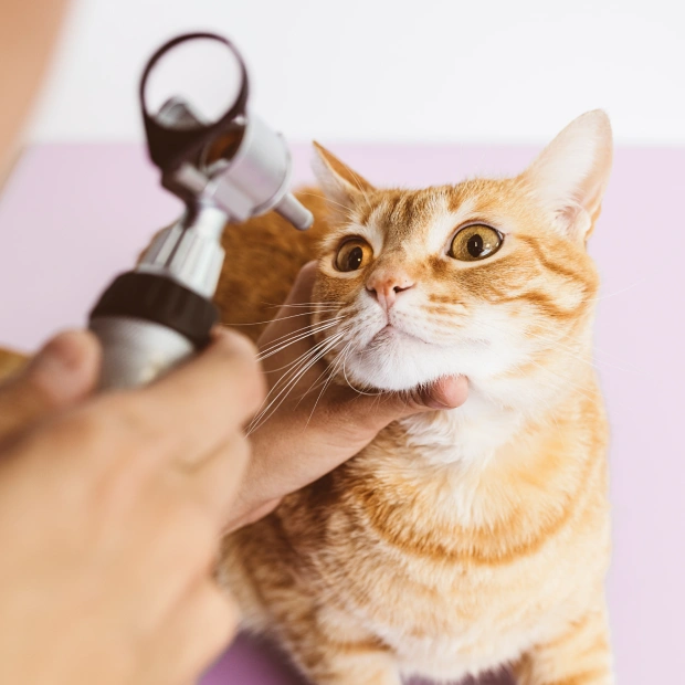 Veterinarian examining an orange tabby cat's eye with a diagnostic scope